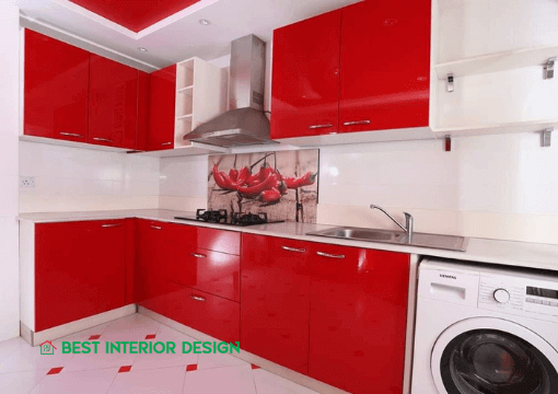 Red and white color combination kitchen 