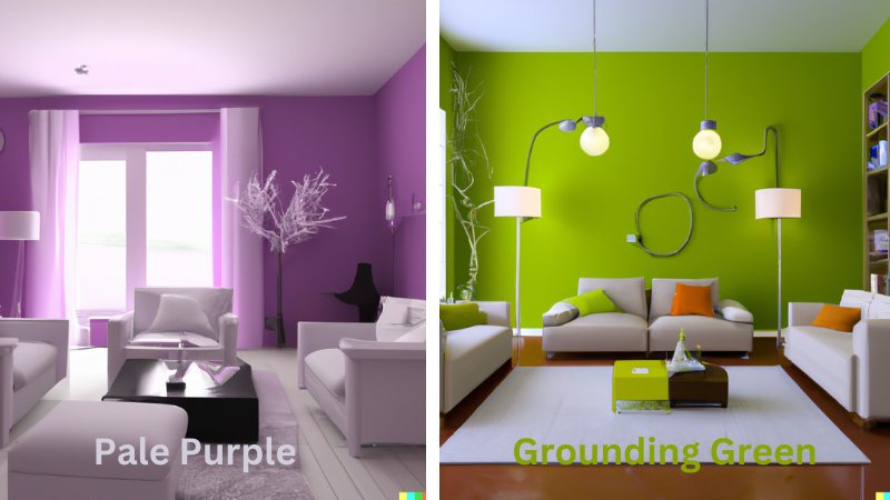 Pale Purple and Grounding Green Color living room