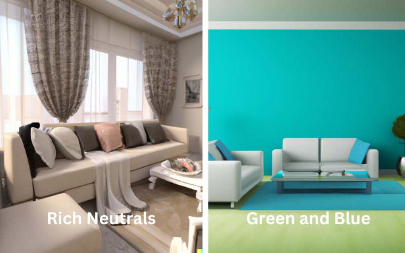 Rich Neutrals and Green and Blue living room