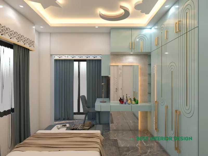 light blue master bedroom design in mohammdpur