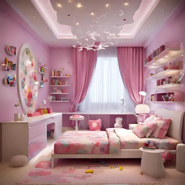 pink color child bedroom interior design