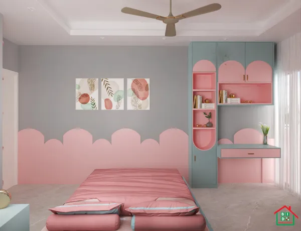 pink color child bedroom design in cantonment